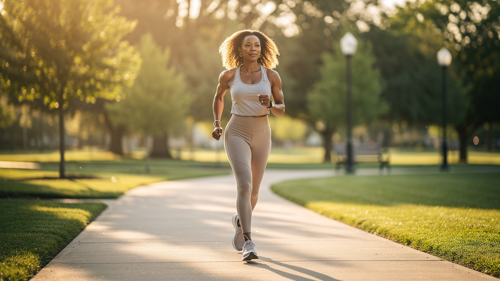 Woman walking confidently on a morning path
